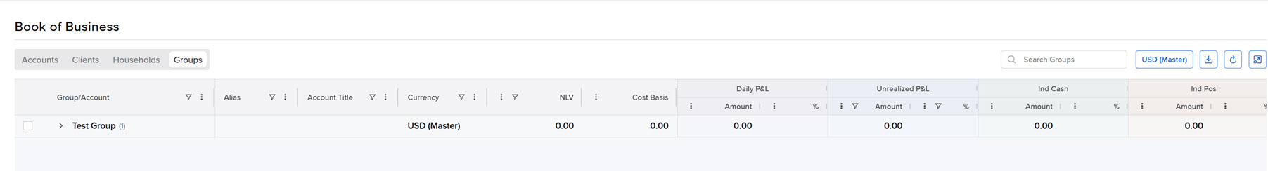 The book of business groups page in portal. 